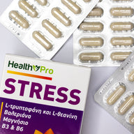 Health Pro Stress supplement packaging with capsules on a white background