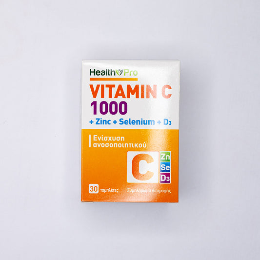 Health Pro Vitamin C 1000 supplement packaging on a light gray background